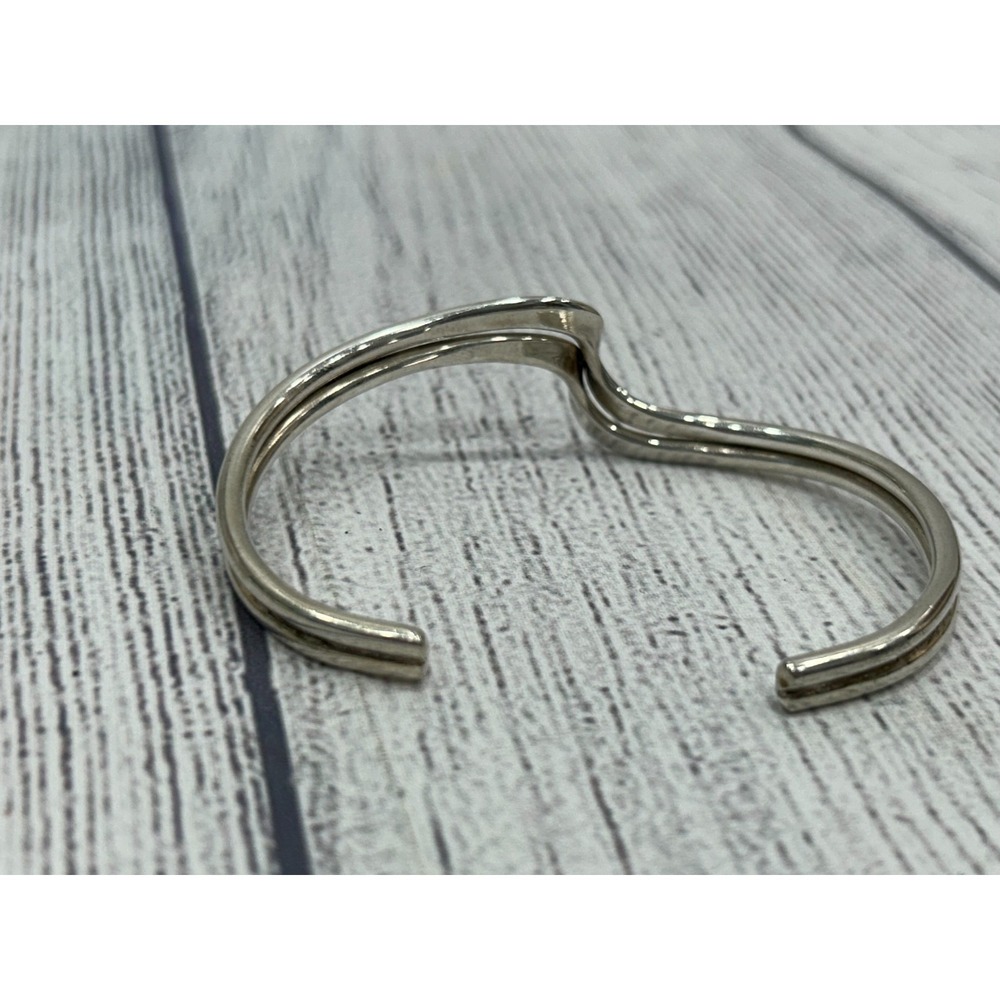 925 Sterling Silver Polished Modernist Double Wave Thin Cuff‎ Bracelet Bangle